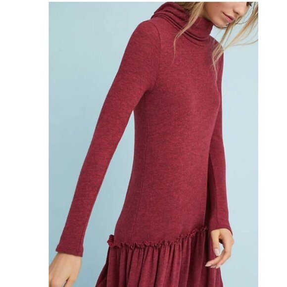 Anthropologie Tunic Sweater Dress Medium Red Turtleneck Drop-Waist Ruffle Hem - Picture 3 of 5